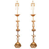 Pair of ornate gilt metal floor lamps with floral motif